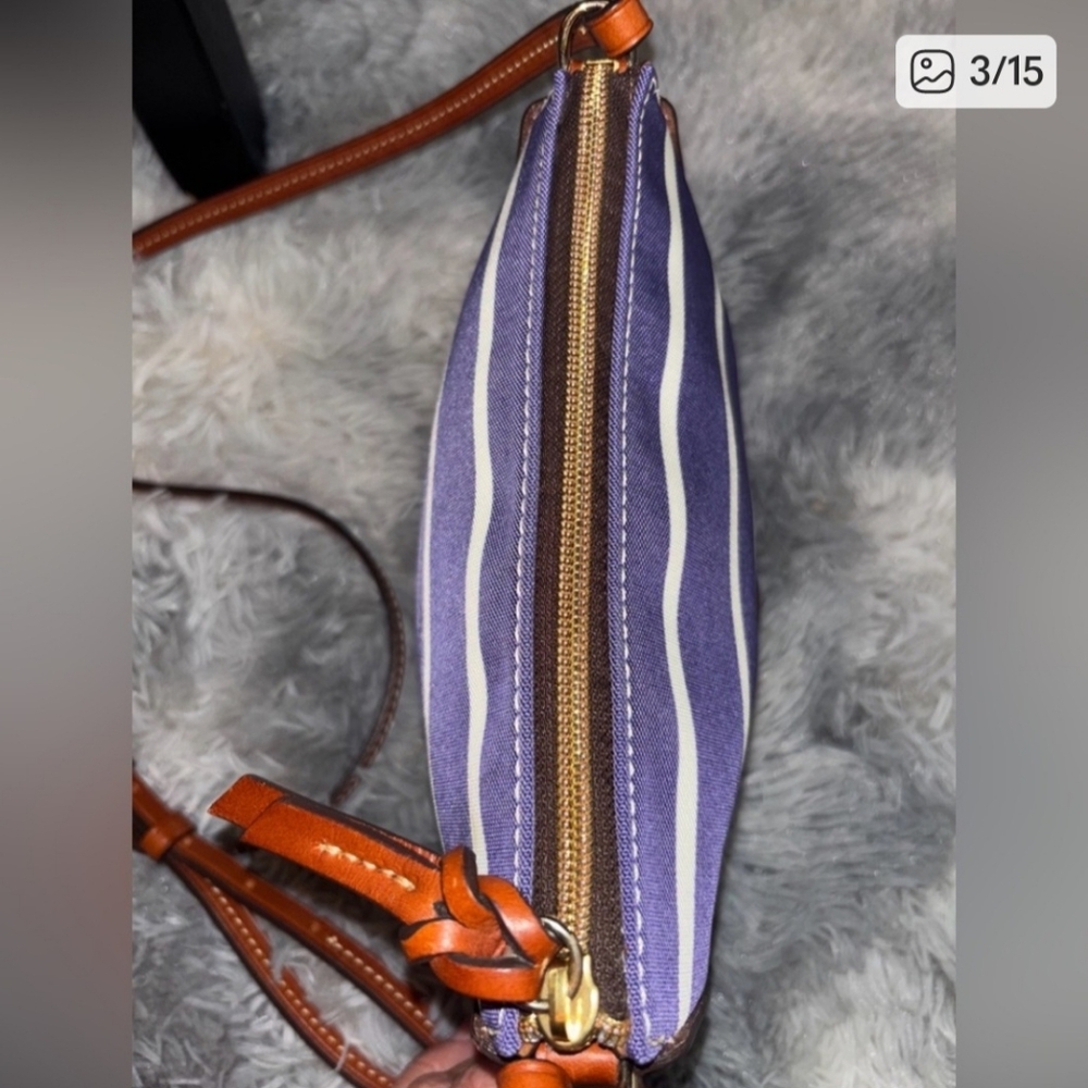 Dooney & Bourke Bluish Purple and White Striped Crossbody W/Adjustable Strap - Picture 3 of 11